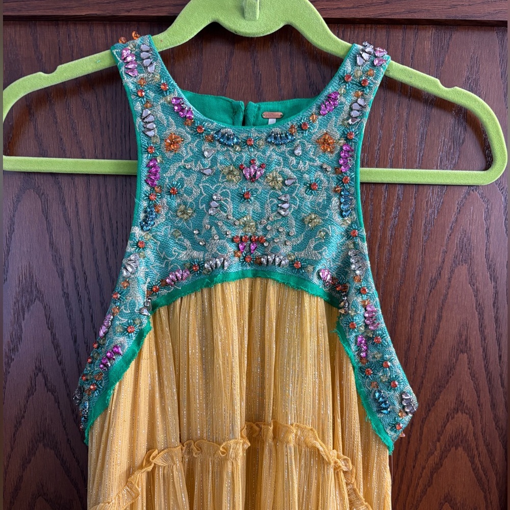 Free People Green and Yellow Embellished Backless Dress